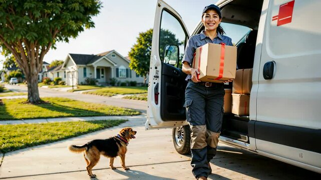 Female Delivery Driver Exits Delivery Van With Package