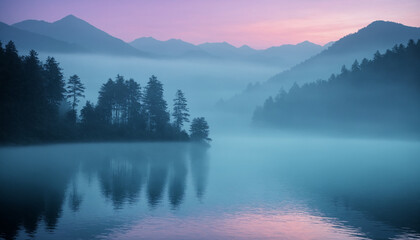 Misty Lake and Forest at Sunrise with Mountain Silhouettes