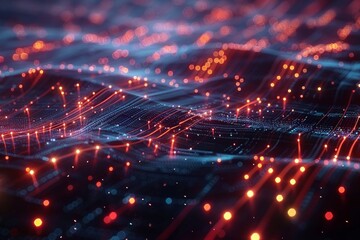 Vibrant abstract digital waveform background with dynamic glowing particles and waves in motion for technology themes.