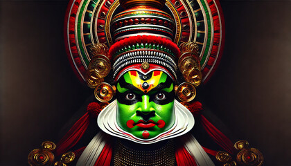 Portrait of Indian Kathakali performer with black background 