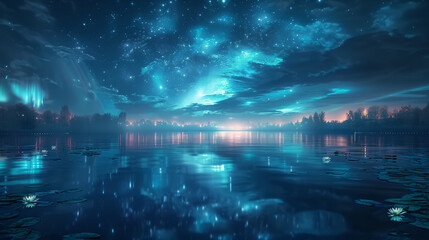A serene night scene with calm water reflecting the northern lights under a star-filled sky, Generative AI