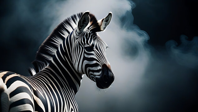 fantasy zebra depicted zebra deity god zebra set dark background mist fog smoke portrait mysterious cinematic movie poster style