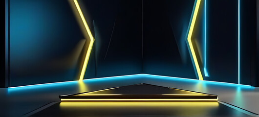 futuristic render dark room blue yellow neon triangle lights walls podium center circuit board floor rendering