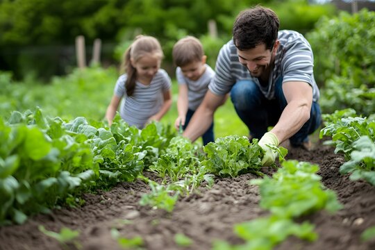 Familie beim gemeinsamen Gem&uuml;segarten pflanzen