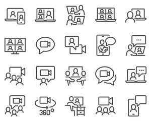 A simple set of vector line icons related to video conferencing. Contains icons such as group chat, 360 camera, video call and more. Editable stroke.