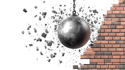 A large metal ball is being smashed into a brick wall