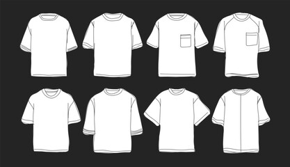 Types of t-shirts. Line drawing of T-shirt vector template set mock up isolated on white background. flat technical drawing template. Unisex T-Shirt illustration, T-shirt Mock-up. 