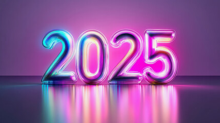 neon glowing 2025 on purple background