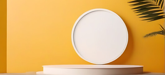 minimalist geometric podium mockup wood white ball circular window palm leaf decoration yellow wall summer abstract backdrop rendering mockup