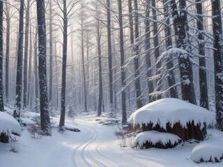 Winter forest landscape with bare trees covered in snow, cold frozen woods illustration