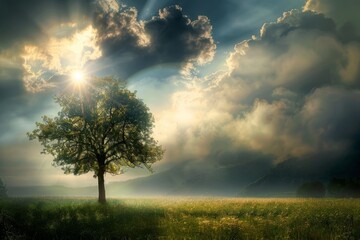 Fototapeta premium A solitary tree rises from a lush meadow, bathed in golden sunlight that breaks through dramatic clouds during the early morning hours, creating a peaceful atmosphere.