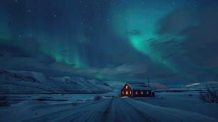 Nordic scenery, natural scenery, night, star, aurora, Small villages, snow capped mountains, snow covered areas, breathtaking scenery