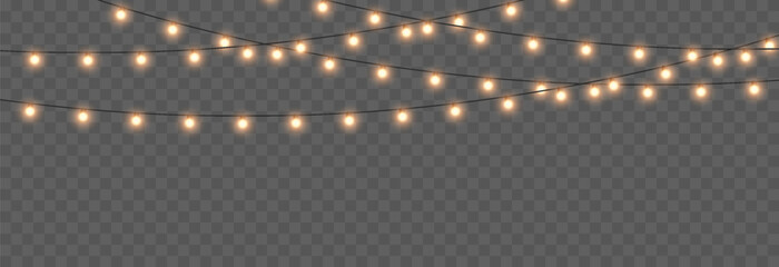 Vector Christmas garland png. Christmas light png. Holiday decoration, garland with golden lights, LED lamp.