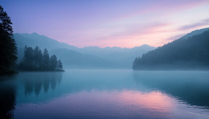 Calm Misty Lake at Sunrise with Mountain Silhouettes