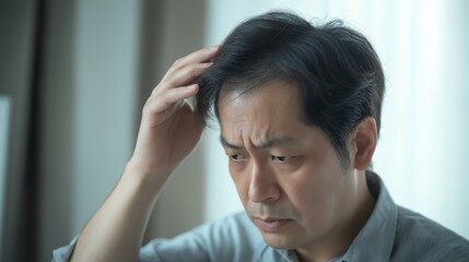 Worried MiddleAged East Asian Man Examining Hair Loss, Health Concerns Expressed