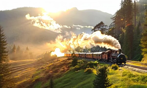 A steam locomotive chugging along a scenic mountain route, passengers enjoying the view. Video