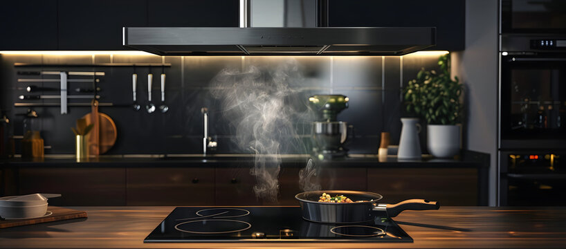 Induction stove, oven and range hood on modern kitchen with wooden furniture. Stainless pan on glass ceramic hob. Cooking food on electric cooker at home. Household appliance. Apartment interior