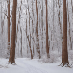 Winter forest landscape with bare trees covered in snow, cold frozen woods illustration