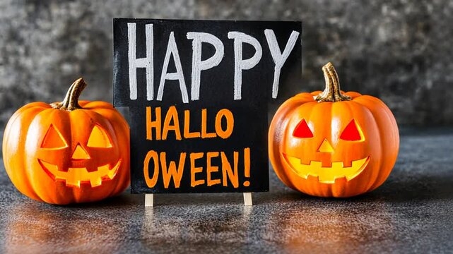 Happy Halloween Decorations With Carved Pumpkins and Festive Sign Generative AI