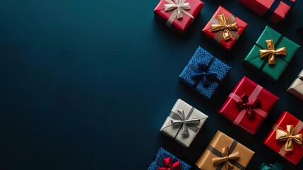 Colorful gift boxes with bows on a blue background. Gift boxes and boxing Day Concept.