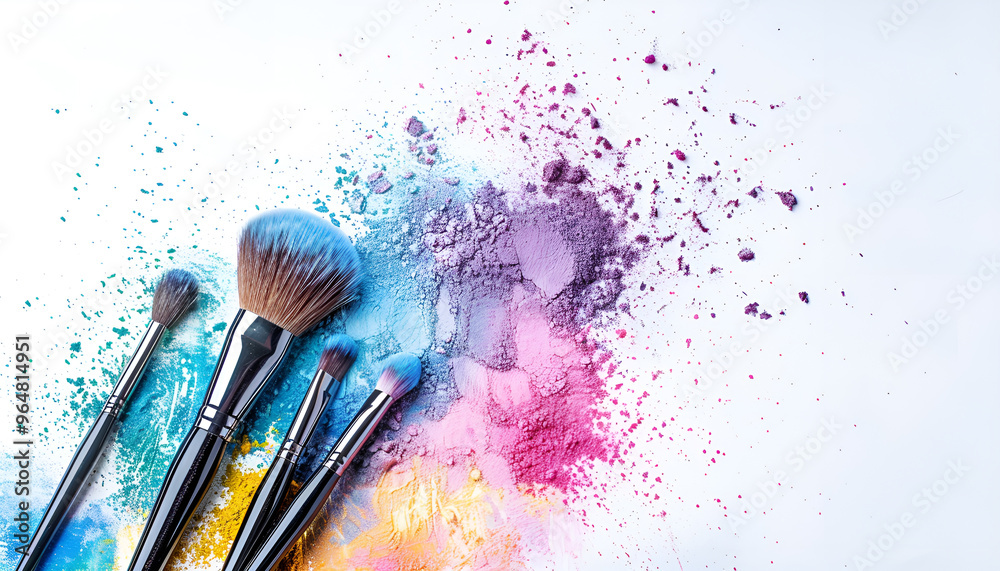 Wall mural Make up brushes with powder splashes isolated on white background