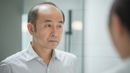 Obraz premium Thoughtful MiddleAged Man in White Shirt Reflecting in Modern Interior Setting Realistic Stock Photo for Business and Lifestyle Purposes