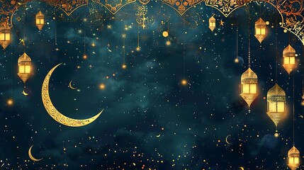 Fototapeta premium Ramadan Mubarak: Golden Lanterns and Crescent Moon Night Sky