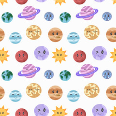 Solar system seamless pattern for children. Cute kawaii planets and satellites flying around sun. Smiling face. Hand-drawn vector design, kids
