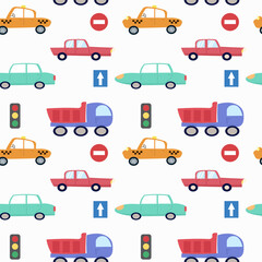 Cartoon car seamless pattern. Childish hand drawn style, boy textile. wallpaper, nursery. Flat vector design