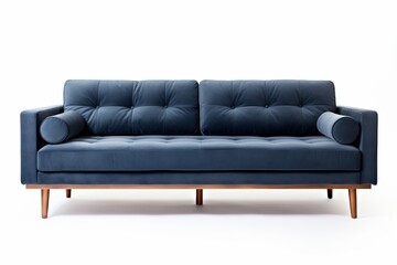 Dark blue suede couch on wooden legs white background 