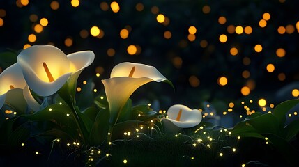 Bright Calla lilies glowing against dark dotted background image