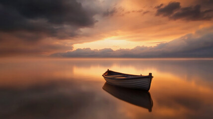 scenery of small wooden fishing boat on a calm ocean in orange sunset colors