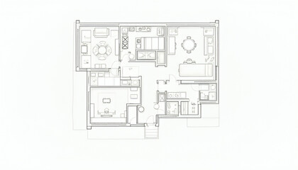 Fototapeta premium This digital floor plan presents a modern home or office layout with spacious living areas, bedrooms, and functional zones for dining and entertainment. Clean lines and strategic placement of doors 