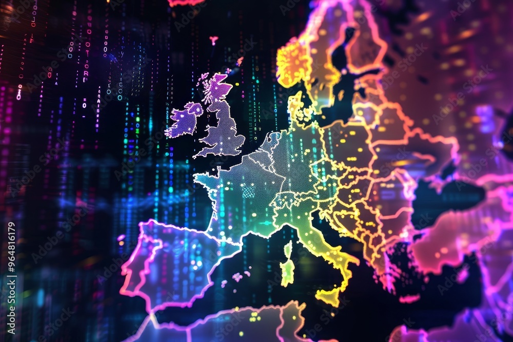 Poster a vibrant digital map of europe is illuminated with colorful lines and binary code, showcasing techn