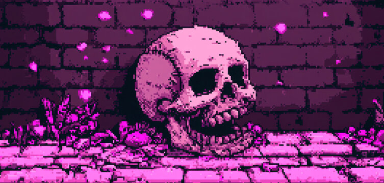 A smiling skull in pixel art style, set against a dark dungeon background. Concept of halloween spooky and horror themes