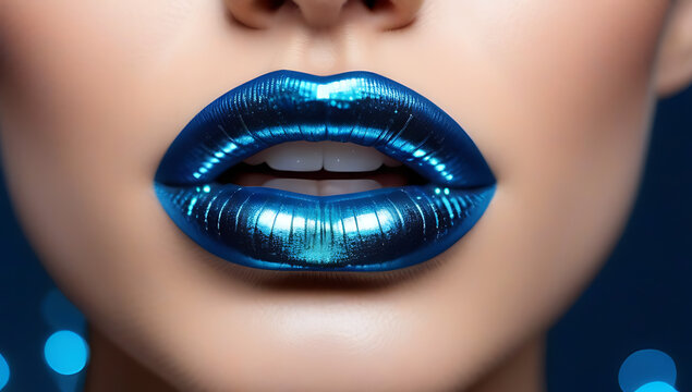 glossy metallic lipstick shiny lips lipstick blue metallic glitter effect image isolated white background copy space