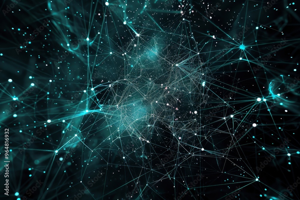 Poster an intricate network of glowing nodes and lines spreads across a dark background, creating a cosmic 