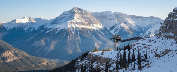 Banff Gondola Ascending Snow-Covered Rockies with Stunning Mountain Views