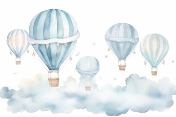 Obraz premium Hand drawn watercolor illustration - hot air balloons in the sky. Collection with retro airship. Perfect for baby prints, children posters, home decor, invitations etc 