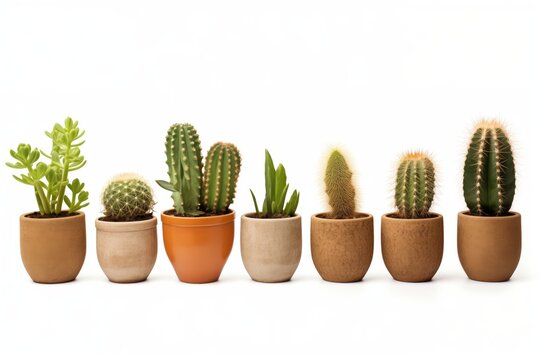 Group of various indoor cacti and succulent plants in pots isolated on a white background - Powered by Adobe