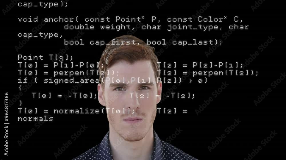 Poster animation of data processing over caucasian man smiling