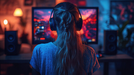 Teen girl with headphones playing video games on a desktop at night, vibrant red and blue lights, focused gamer in modern setup, intense gaming atmosphere