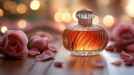 Bottle of perfume with beautiful flowers