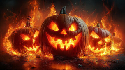 Fototapeta premium Scary Halloween pumpkins in fire. 