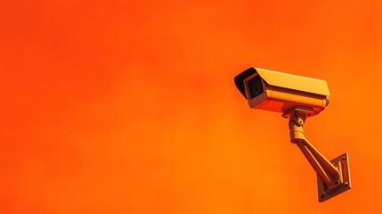 Surveillance camera on vibrant orange wall, security concept