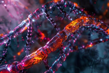 Intricate DNA strands glow in vivid colors against a dark backdrop, capturing the complexity of genetic material and molecular structures in a stunning artistic display.