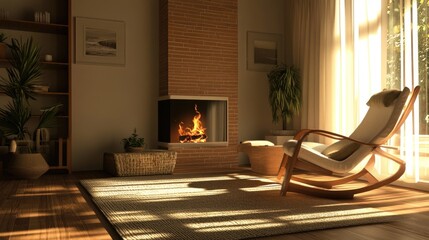 Modern Living Room Interior with Classic Fireplace and Vintage Armchair in 3D Render