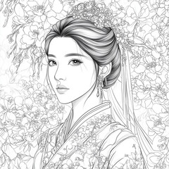 Asian girl coloring page. Beautiful young woman in traditional oriental clothes. Adult female character and blooming floral branches. Decorative drawing for coloring book, graphic illustration