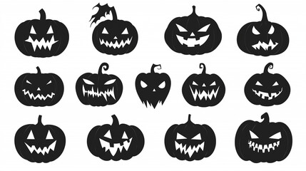 Halloween black spooky pumpkins icons with scary angry faces. Traditional festive party lantern with cutting pumpkin. Autumn festival symbols silhouettes