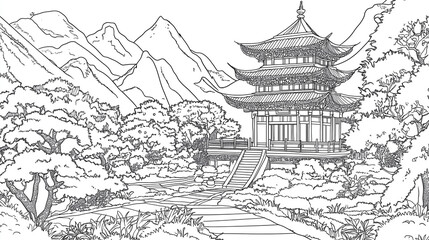 Japanese temple in mountain. Japan style building in morning, coloring page for adults and children. Antistress color book page with asian korean chinese build. Nature landscape with tree